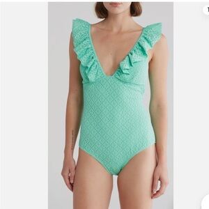 Betsey Johnson Biscay Green‎ 1 piece Ruffle strap eyelet Swimsuit size large new